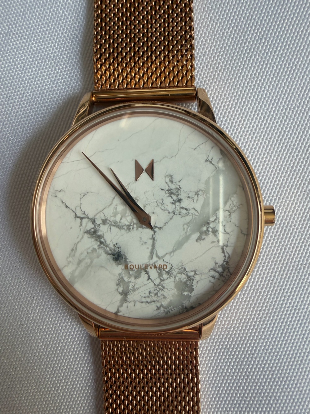 MVMT Rose Gold Mesh Band Watch with White Marble Dial